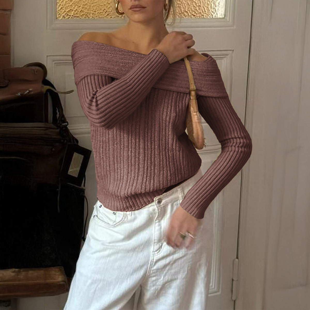 Maglione Cropped con Scollo Bardot