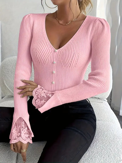 Maglia a Coste con Scollo a V e Maniche in Pizzo