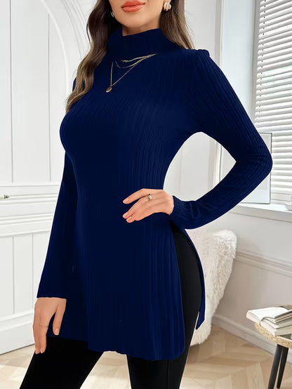 Maglione Lungo a Costine con Collo Alto