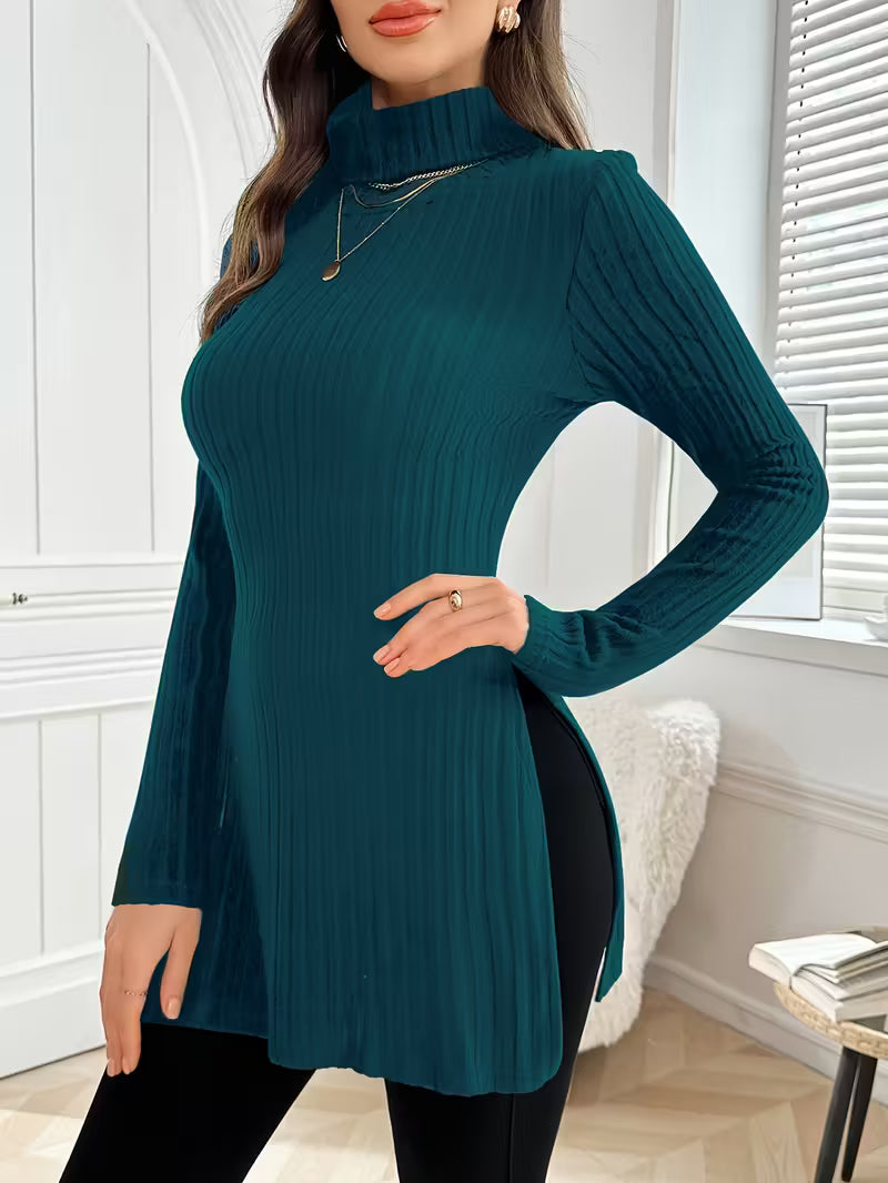 Maglione Lungo a Costine con Collo Alto