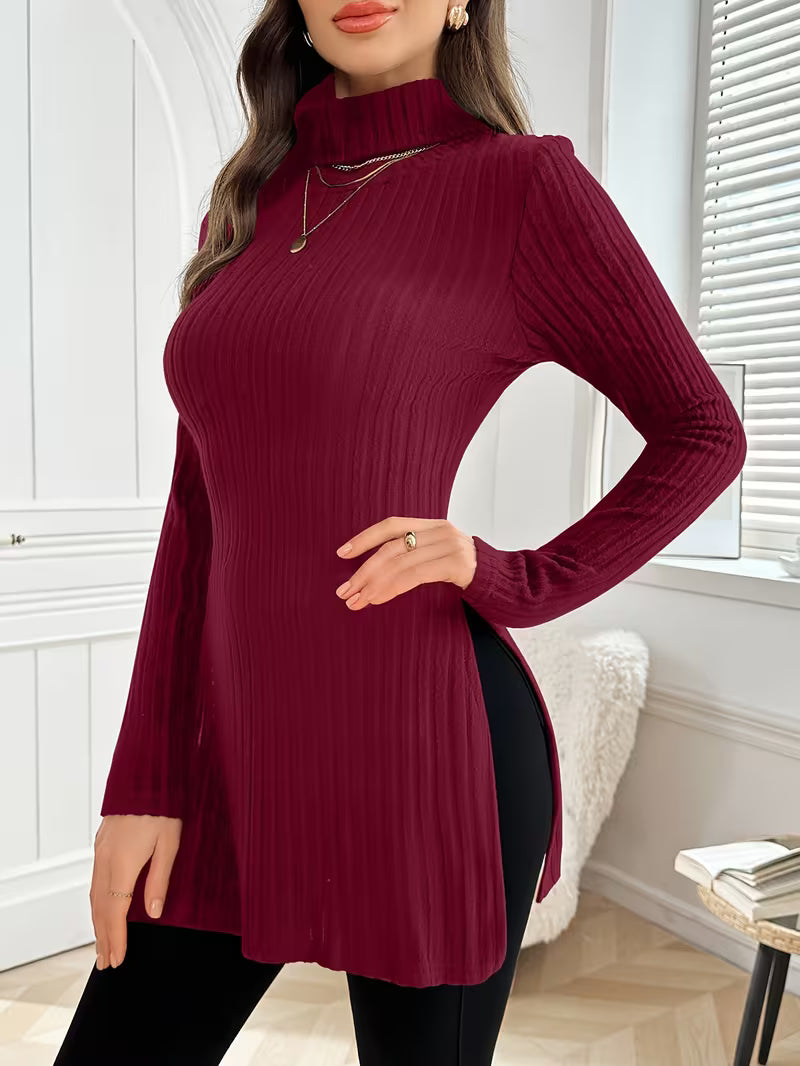 Maglione Lungo a Costine con Collo Alto