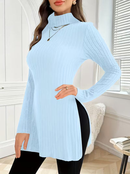 Maglione Lungo a Costine con Collo Alto