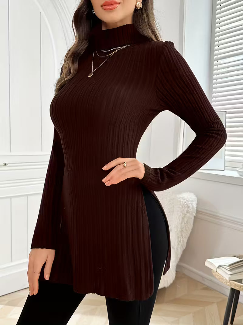 Maglione Lungo a Costine con Collo Alto