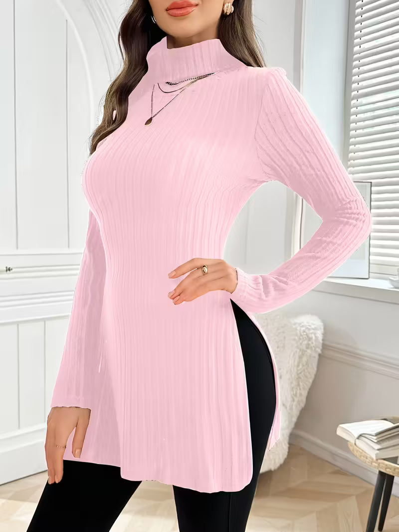 Maglione Lungo a Costine con Collo Alto