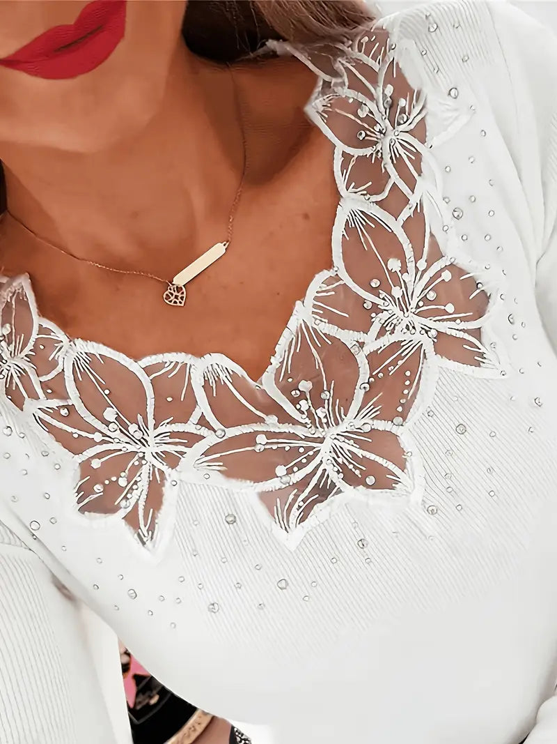 Maglia Elegante con Scollo a V e Inserti in Pizzo